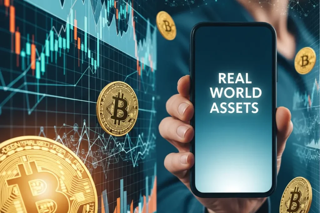 Smartphone exibindo "Real World Assets" em tela com gráficos financiais e moedas Bitcoin ao fundo representando tokenização de ativos.