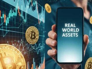 Smartphone exibindo "Real World Assets" em tela com gráficos financiais e moedas Bitcoin ao fundo representando tokenização de ativos.