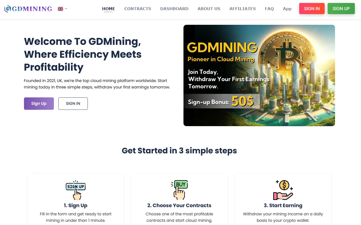 Interface da plataforma GDMining mostrando processo de cadastro, seleção de contratos e início de mineração de Bitcoin com bônus de US$ 50.