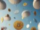 Várias criptomoedas incluindo Bitcoin e Litecoin descendo do céu com paraquedas em fundo azul, simbolizando airdrops e distribuição de tokens.