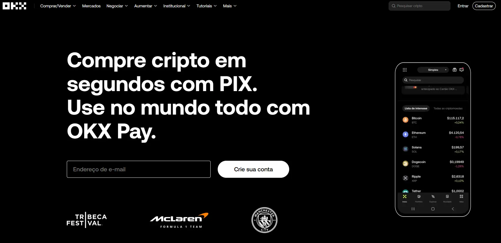 Interface da plataforma OKX mostrando opção de compra de criptomoedas com PIX e aplicativo mobile.