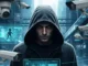 Pessoa encapuzada em hoodie cinza em ambiente futurista cercado por câmeras de segurança e telas digitais azuis.