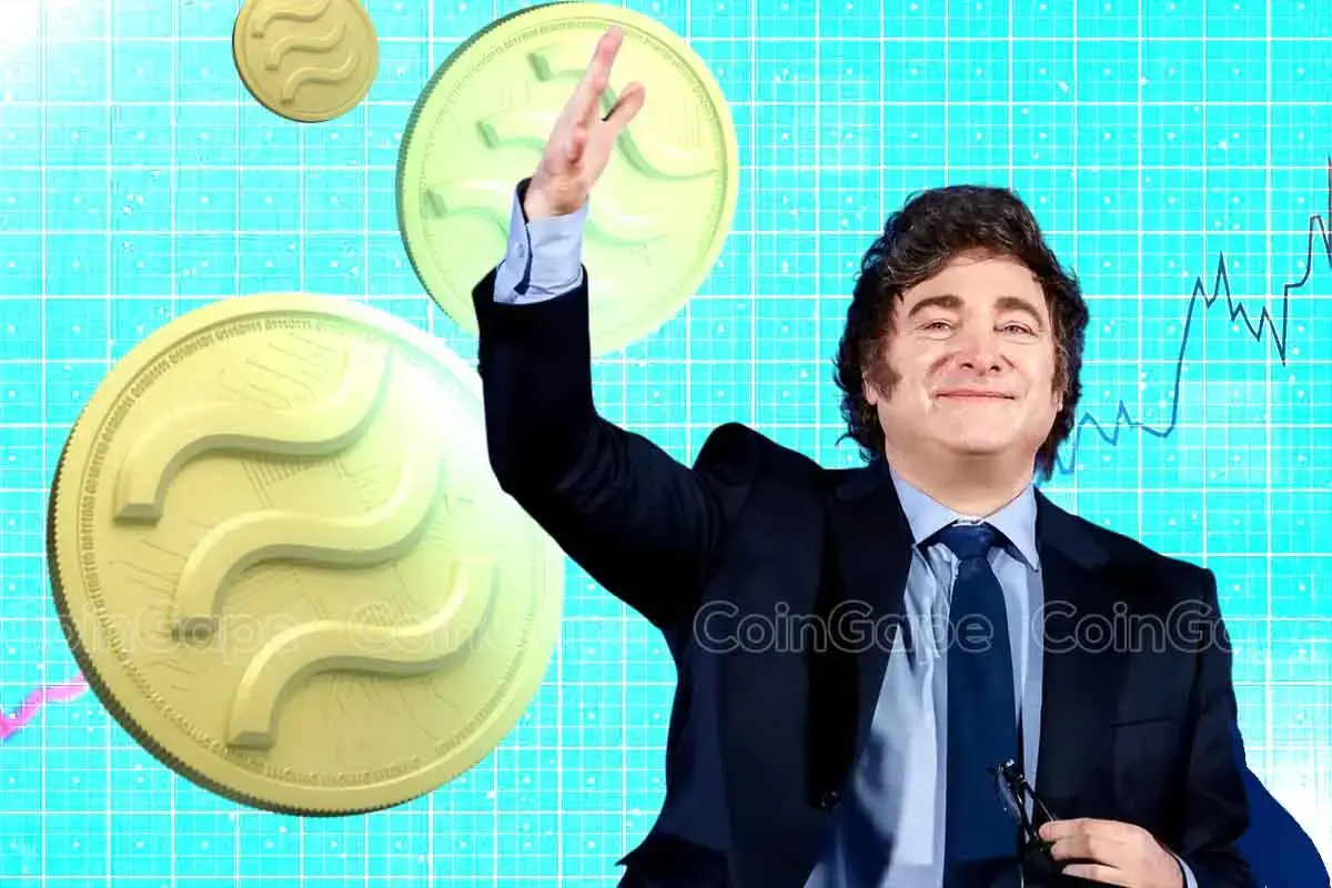 Montagem mostra um homem de terno azul e gravata sorrindo, com o braço levantado, ao lado de moedas douradas com o símbolo do token Libra sobre um fundo azul quadriculado com gráfico.