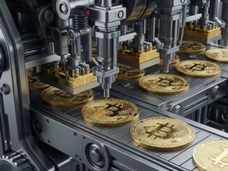 Equipamento de fabricação industrial criando moedas físicas de Bitcoin douradas.