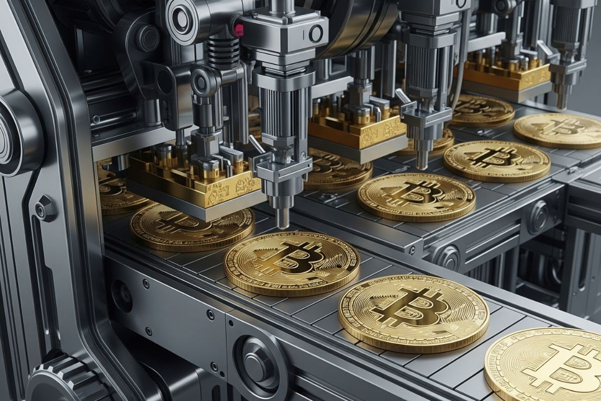 Equipamento de fabricação industrial criando moedas físicas de Bitcoin douradas.