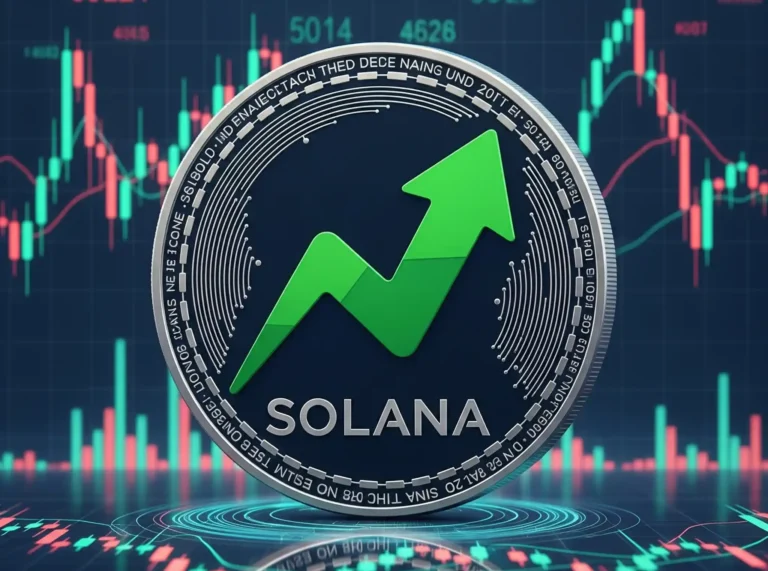 Moeda da Solana com seta verde apontando para cima sobre fundo de gráficos de candlesticks de trading.