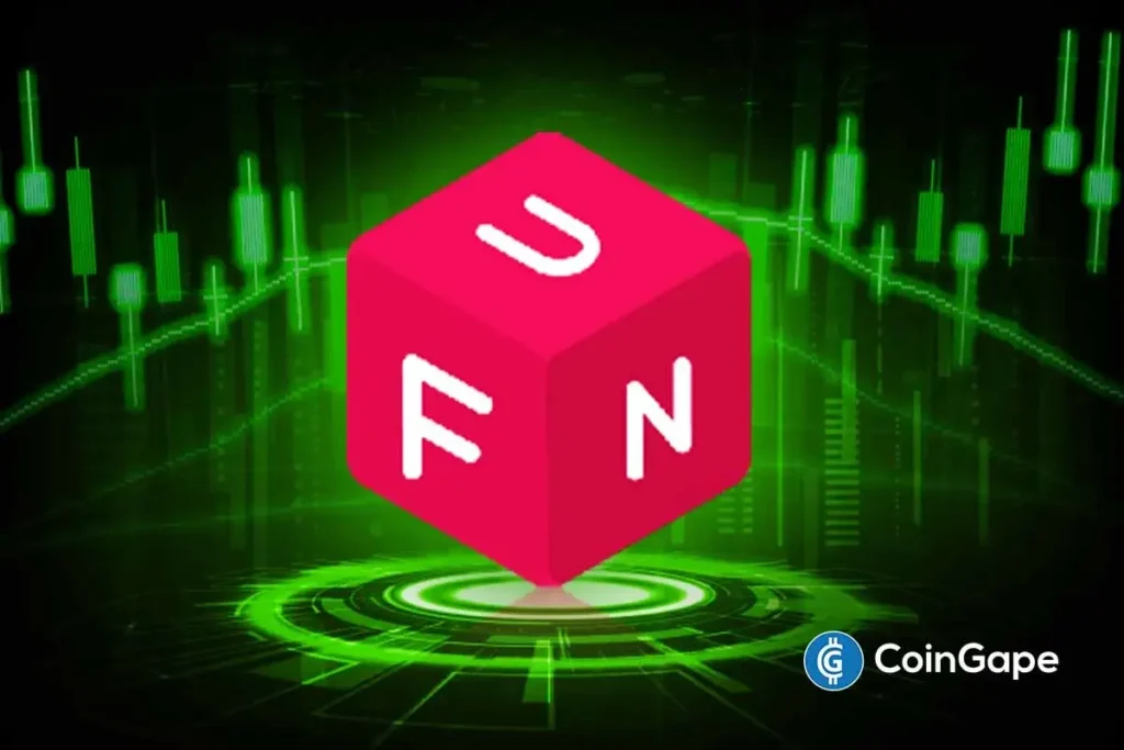 UFN token cubo vermelho gráfico candlestick verde alta valorização.