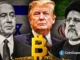 Montagem mostrando Netanyahu, Trump e líder iraniano com símbolo do Bitcoin representando impacto geopolítico nas criptomoedas.