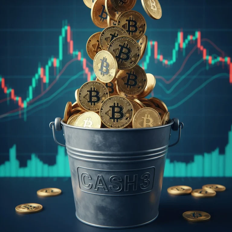 Balde metálico com símbolo CASH3 transbordando moedas de bitcoin douradas com gráfico de trading ao fundo.