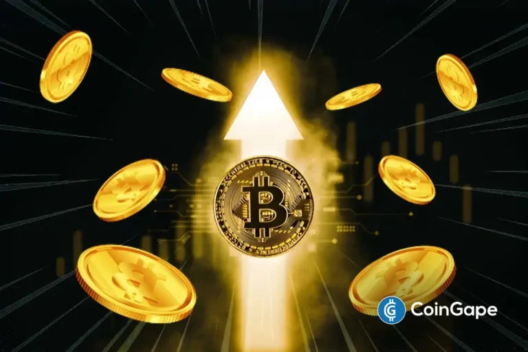 Ilustração do Bitcoin com moedas douradas flutuando e seta branca apontando para cima sobre fundo escuro.