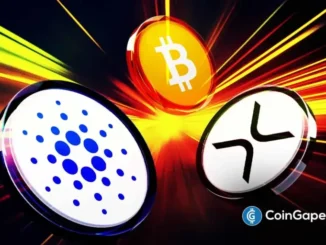 Logos do Bitcoin, Cardano e Midnight com feixes de luz amarelos e vermelhos em fundo escuro.