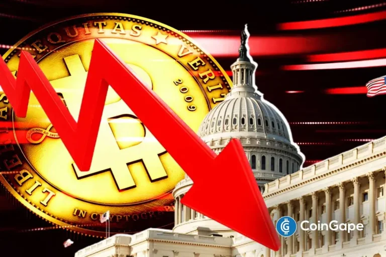 Moeda dourada do Bitcoin com seta vermelha descendente e Capitólio dos EUA ao fundo com efeitos visuais de velocidade.