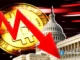 Moeda dourada do Bitcoin com seta vermelha descendente e Capitólio dos EUA ao fundo com efeitos visuais de velocidade.