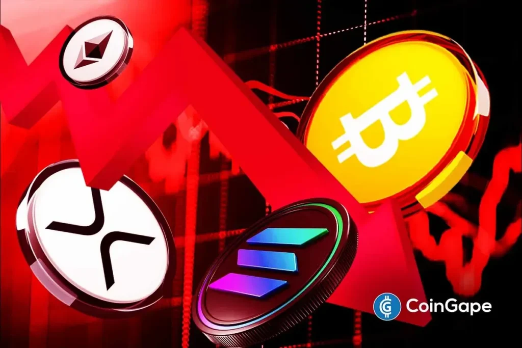 Imagem artística mostrando moedas de Bitcoin, Ethereum e Solana caindo sobre fundo vermelho com setas descendentes e gráficos em queda.