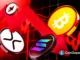 Imagem artística mostrando moedas de Bitcoin, Ethereum e Solana caindo sobre fundo vermelho com setas descendentes e gráficos em queda.