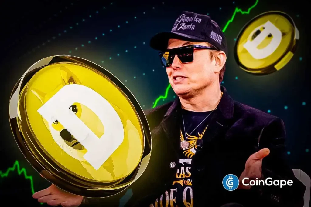 Ilustração digital mostra figura masculina de óculos escuros e boné "America Again" cercada por moedas Dogecoin douradas flutuantes, com fundo espacial azul e gráficos verdes ascendentes, criada pela CoinGape.