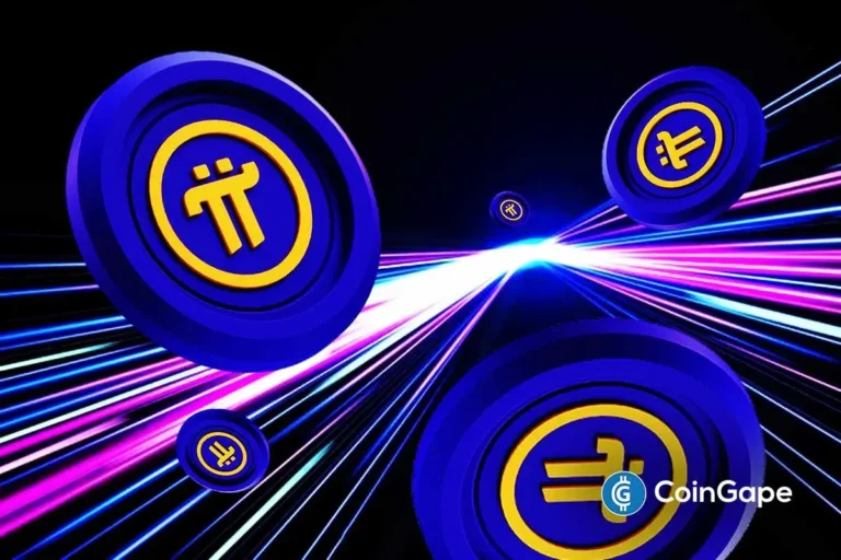 Ilustração 3D de moedas Pi Network flutuando em ambiente digital com linhas de luz coloridas e logo da CoinGape.