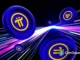 Ilustração 3D de moedas Pi Network flutuando em ambiente digital com linhas de luz coloridas e logo da CoinGape.