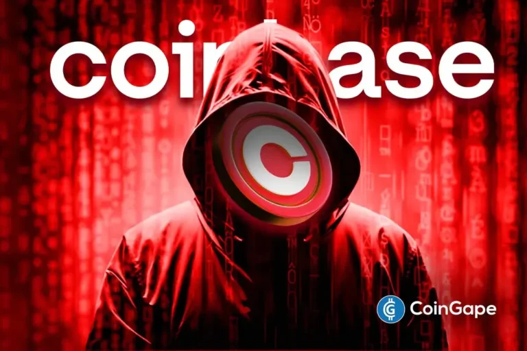 Figura encapuzada em ambiente digital vermelho segurando logo da Coinbase, representando o ataque cibernético à exchange.