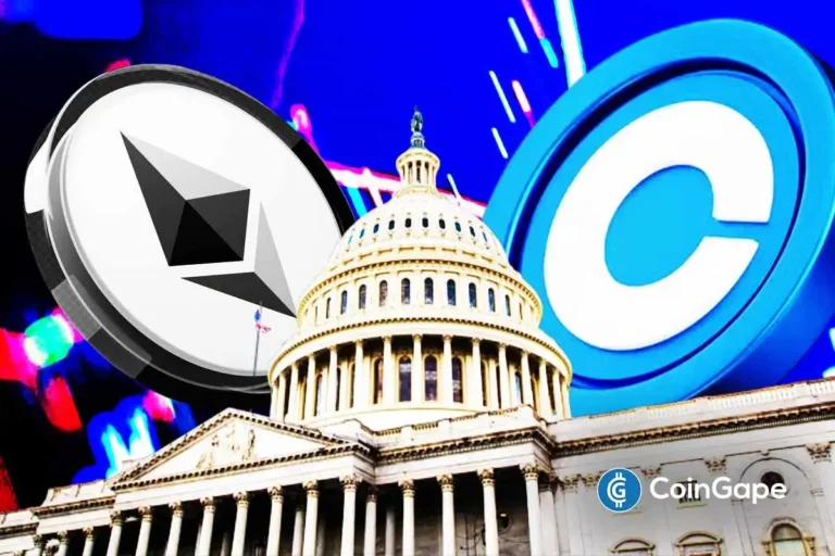 Logos do Ethereum e Coinbase sobrepostos ao edifício do Capitólio dos Estados Unidos com fundo colorido representando movimentação de criptomoedas pelo governo americano.