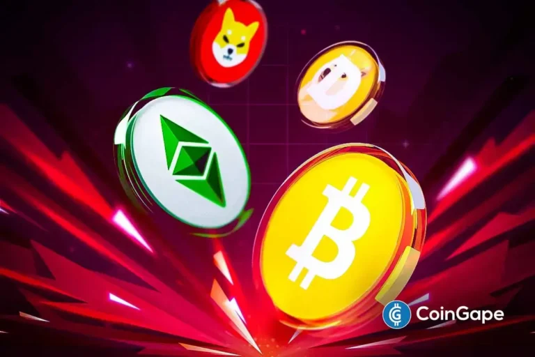 Ilustração mostra moedas do Bitcoin, Ethereum, Dogecoin e Shiba Inu com efeitos visuais vermelhos indicando queda nos preços das criptomoedas.