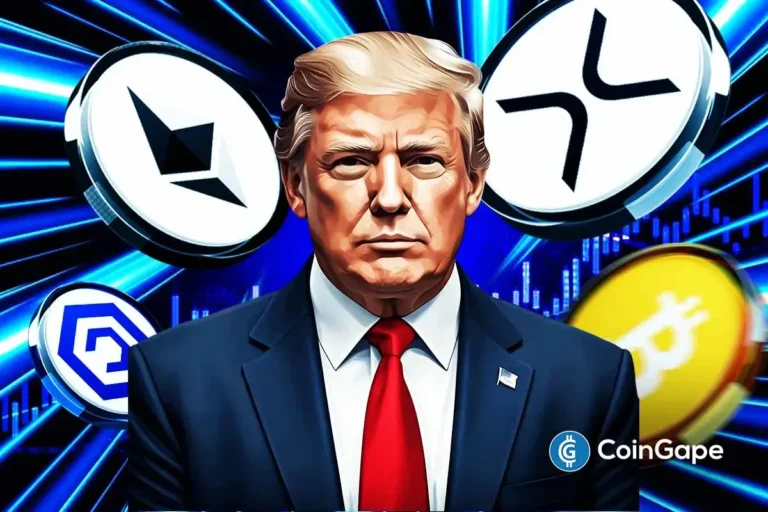Ilustração digital de Donald Trump em terno azul com gravata vermelha cercado por símbolos de criptomoedas incluindo Bitcoin, Ethereum e outras moedas digitais em fundo azul com efeitos luminosos.