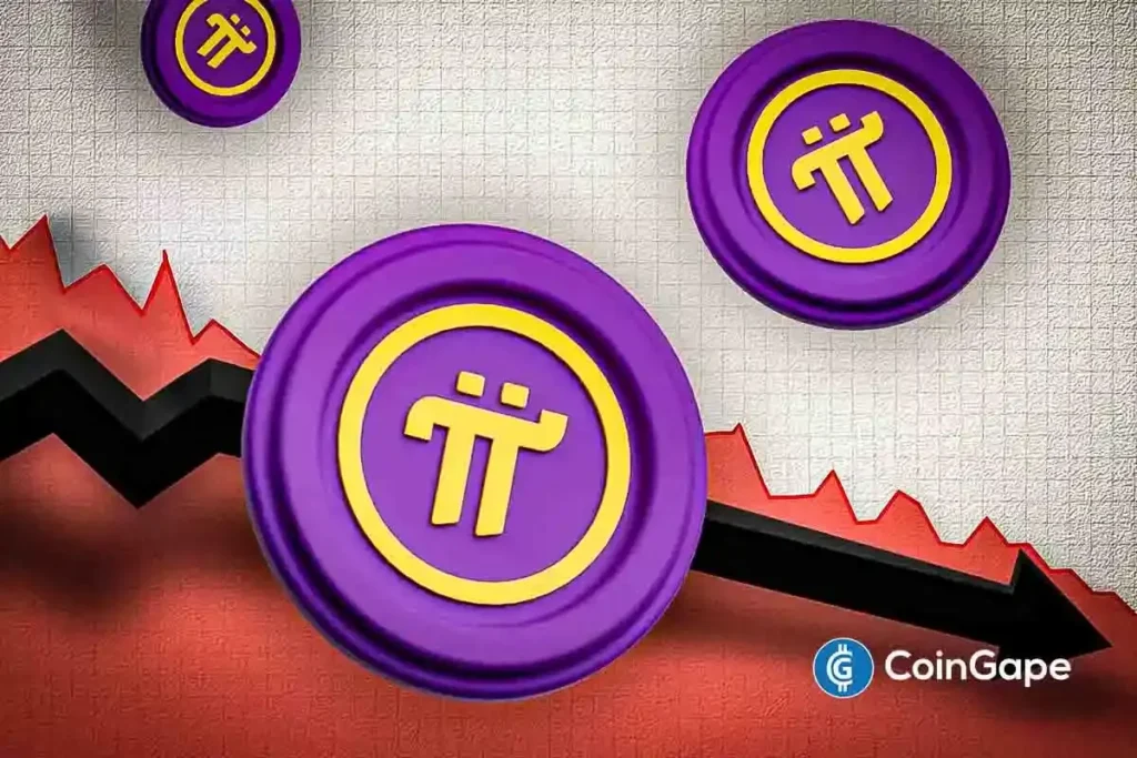 Moedas da Pi Network em roxo e amarelo sobre setas vermelhas descendentes representando queda de preço.