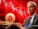 Imagem conceitual de Jerome Powell, presidente do Federal Reserve, com moedas de Bitcoin e gráficos financeiros em vermelho no fundo.