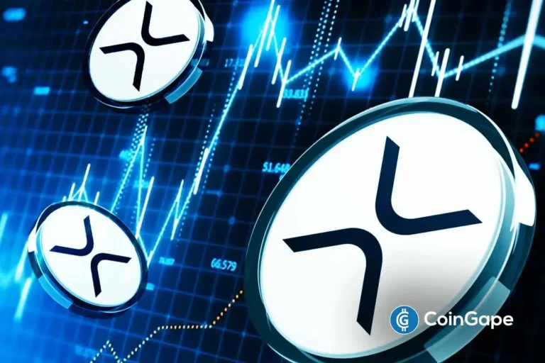 Arte digital mostrando logos do XRP flutuando sobre gráficos financeiros ascendentes.