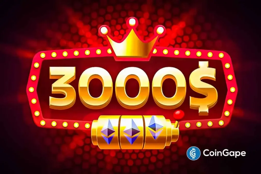 Ilustração digital mostrando "3000$" em letras douradas com coroa e símbolos do Ethereum em estilo cassino com luzes vermelhas.