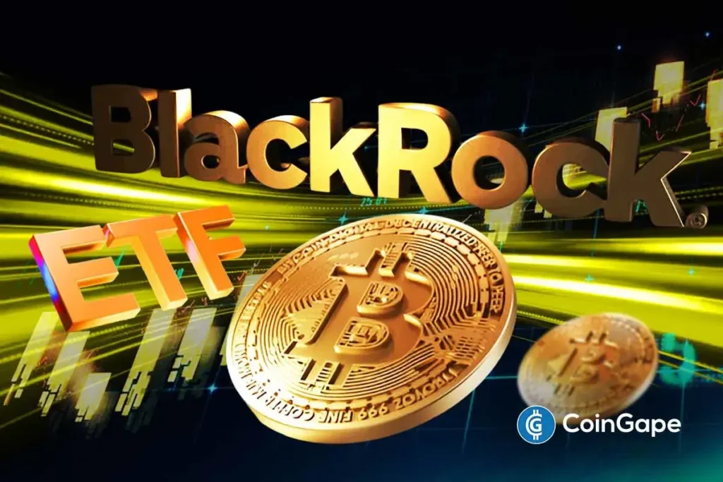 Ilustração 3D mostrando logo da BlackRock e símbolo ETF com moedas de Bitcoin douradas sobre fundo tecnológico com luzes amarelas e verdes.