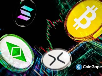 Moedas de Bitcoin, Ethereum, Solana e outras criptomoedas sobre gráficos financeiros coloridos.