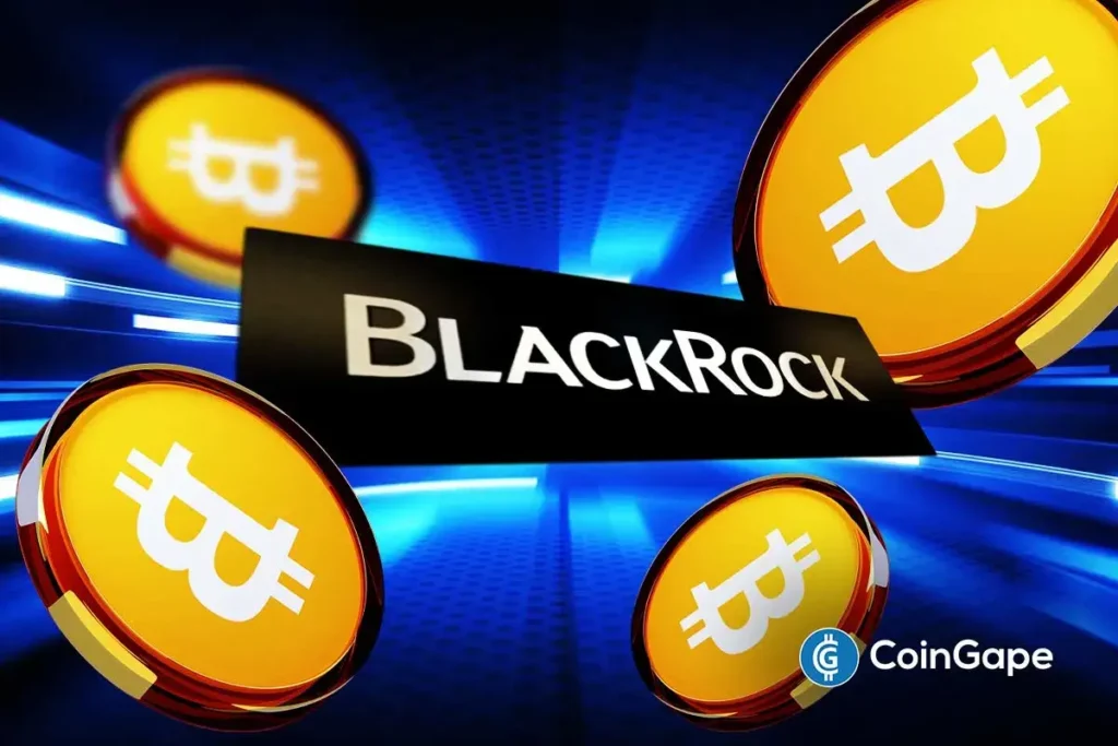 Logotipo da BlackRock cercado por moedas douradas do Bitcoin em fundo azul digital dinâmico.