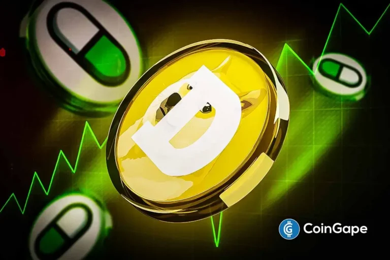 Renderização 3D da moeda Dogecoin em destaque com setas verdes ascendentes e gráficos de linha indicando movimento de alta no mercado de criptomoedas.