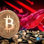 Ilustração artística mostrando moeda de Bitcoin, baleia vermelha e setas descendentes simbolizando pressão vendedora.