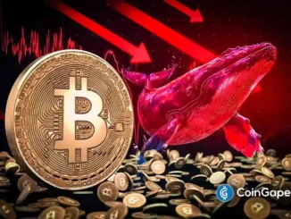 Ilustração artística mostrando moeda de Bitcoin, baleia vermelha e setas descendentes simbolizando pressão vendedora.