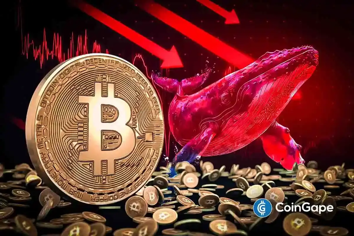 Ilustração artística mostrando moeda de Bitcoin, baleia vermelha e setas descendentes simbolizando pressão vendedora.