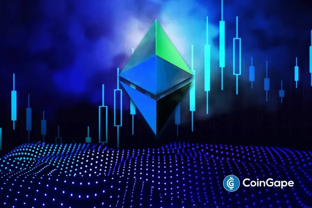 Logotipo tridimensional do Ethereum em tons de azul e verde sobre fundo de gráfico de candlesticks ascendente