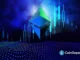 Logotipo tridimensional do Ethereum em tons de azul e verde sobre fundo de gráfico de candlesticks ascendente