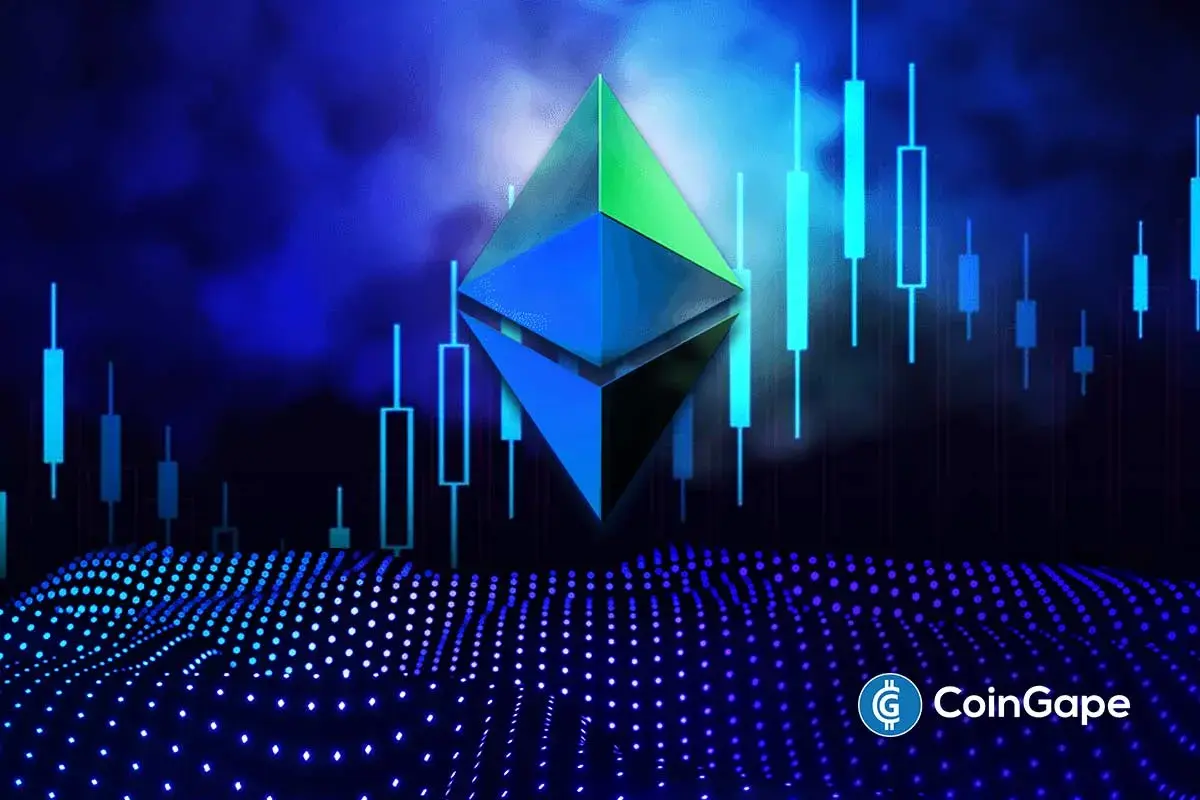 Logotipo tridimensional do Ethereum em tons de azul e verde sobre fundo de gráfico de candlesticks ascendente