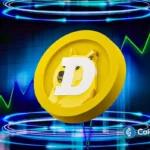 Ilustração 3D do Dogecoin com gráficos verdes ascendentes e efeitos de luz neon azul representando valorização.
