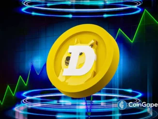 Ilustração 3D do Dogecoin com gráficos verdes ascendentes e efeitos de luz neon azul representando valorização.
