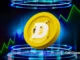 Ilustração 3D do Dogecoin com gráficos verdes ascendentes e efeitos de luz neon azul representando valorização.