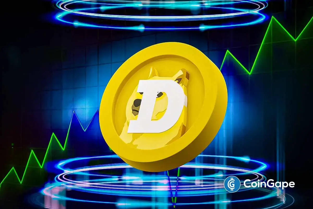 Ilustração 3D do Dogecoin com gráficos verdes ascendentes e efeitos de luz neon azul representando valorização.