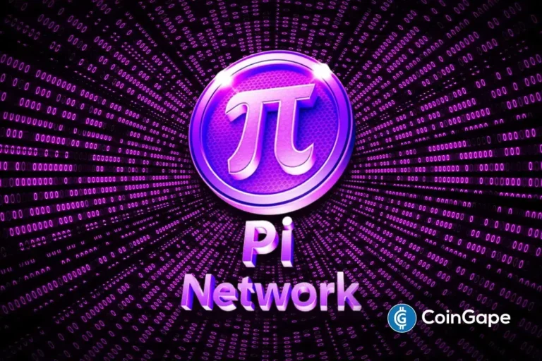 Logotipo da Pi Network com símbolo pi roxo brilhante sobre fundo de código binário em padrão radial.