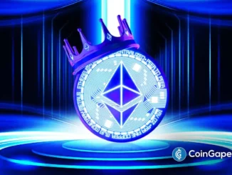 Logo do Ethereum com coroa dourada em ambiente futurista azul neon representando liderança em blockchain.