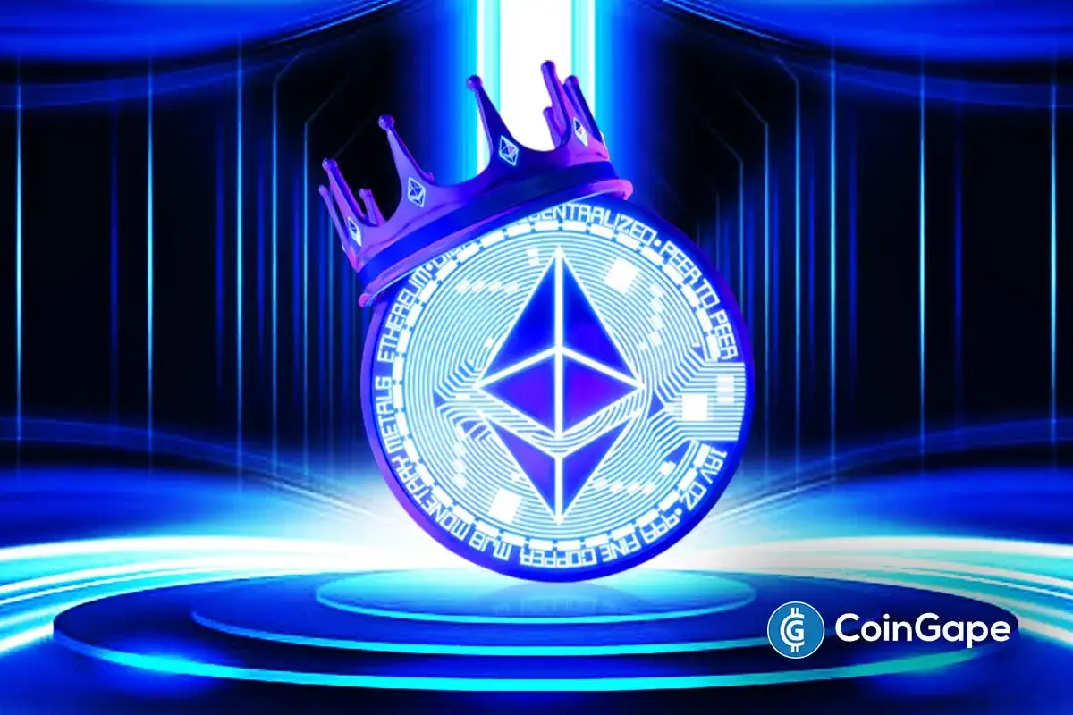 Logo do Ethereum com coroa dourada em ambiente futurista azul neon representando liderança em blockchain.