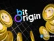 Logo da BitOrigin com moedas Dogecoin douradas em fundo escuro representando investimento institucional.