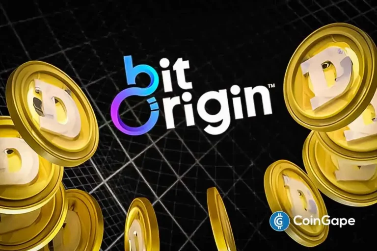 Logo da BitOrigin com moedas Dogecoin douradas em fundo escuro representando investimento institucional.