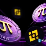 Moedas da Pi Network com símbolo π dourado em fundo roxo com efeitos de luz e logo da Binance ao fundo.